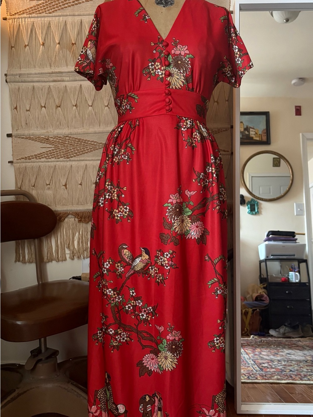 Leslie Fay Red Floral Maxi Dress with Bird Motif